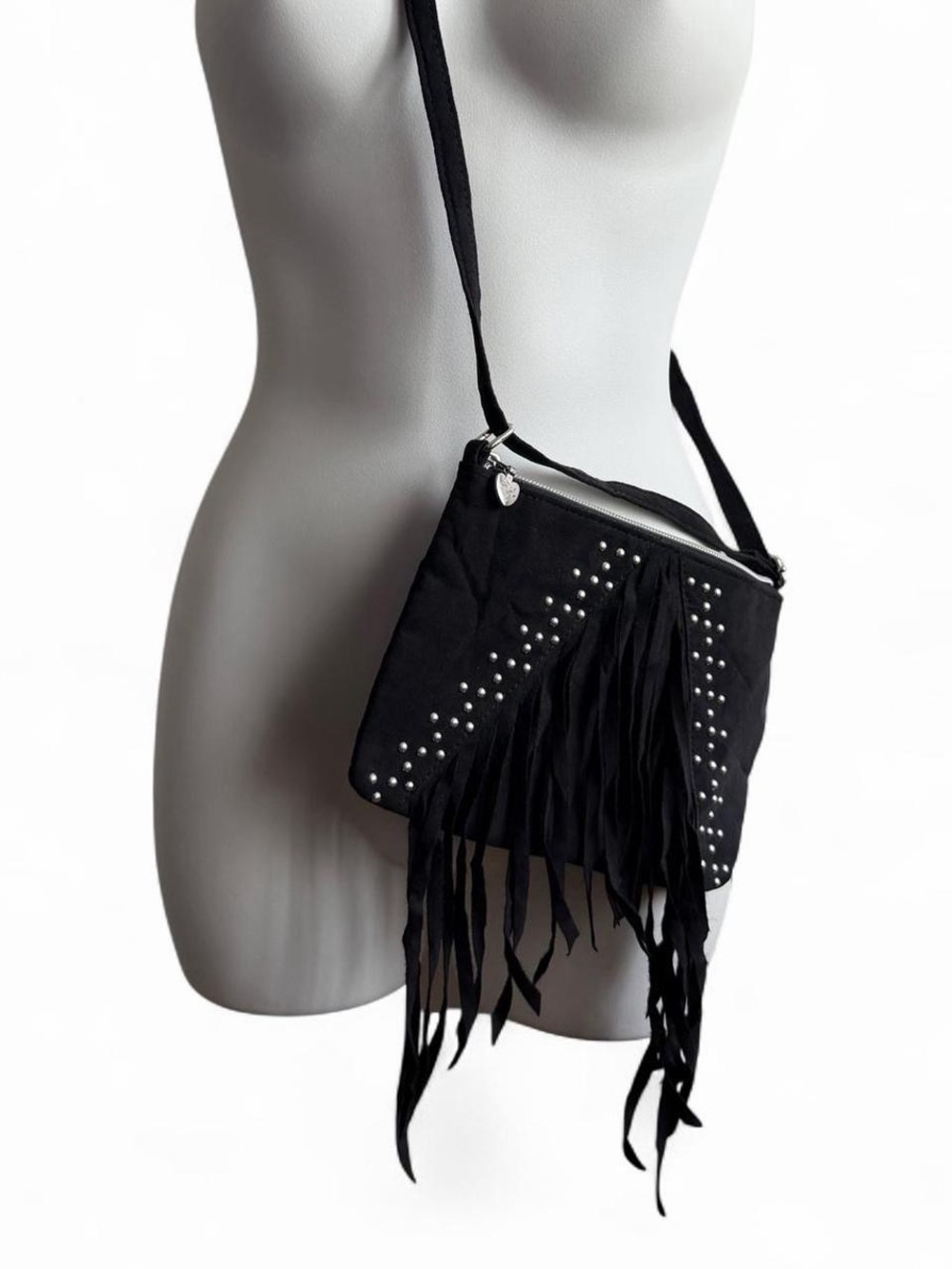 Justice Black Fringe Crossbody Bag with Silver Studs